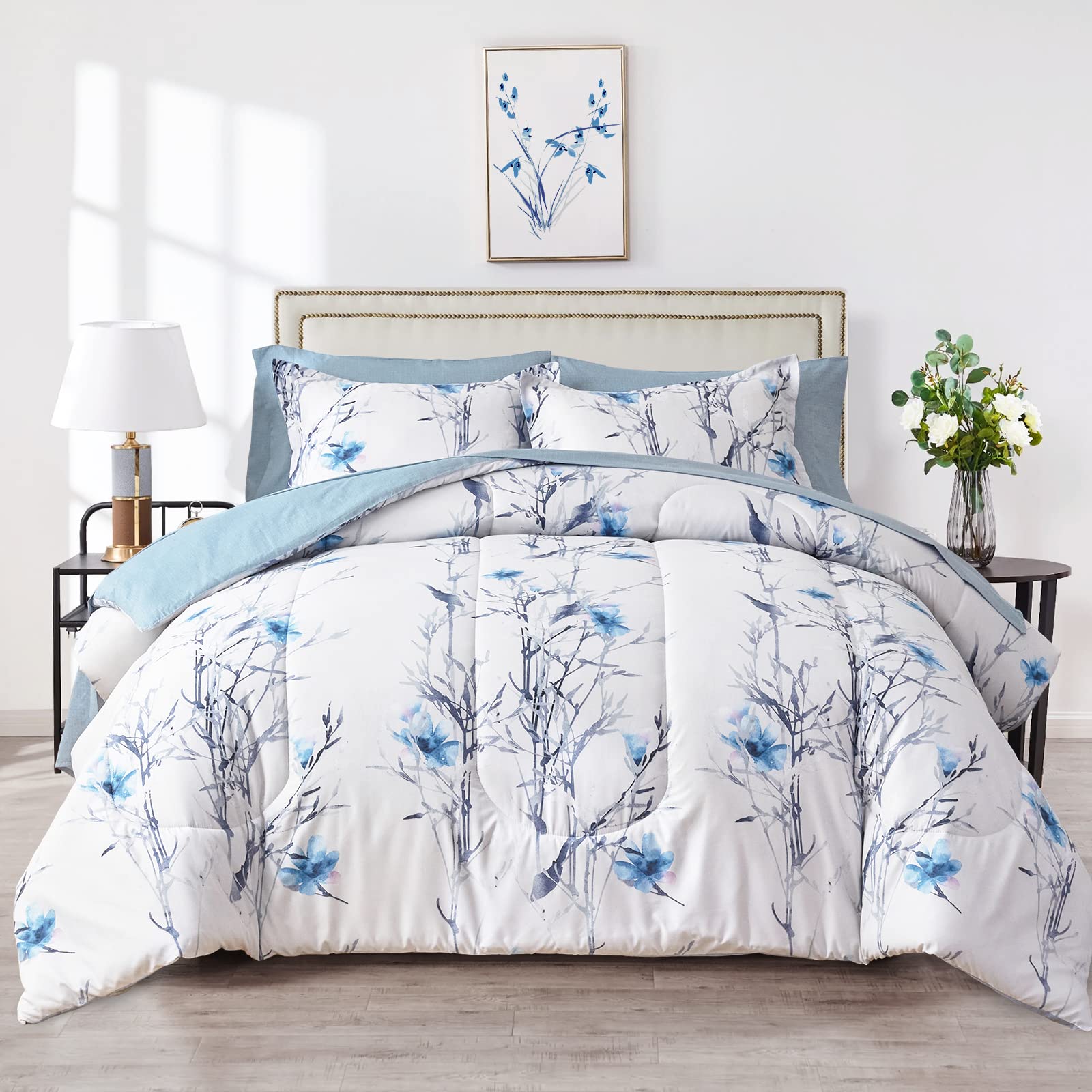 Botanical Bed In A Bag 7 Piece Queen, Blue Flower Branch On White, Soft Microfiber Bed Comforter Set For All Season (1 Comforter